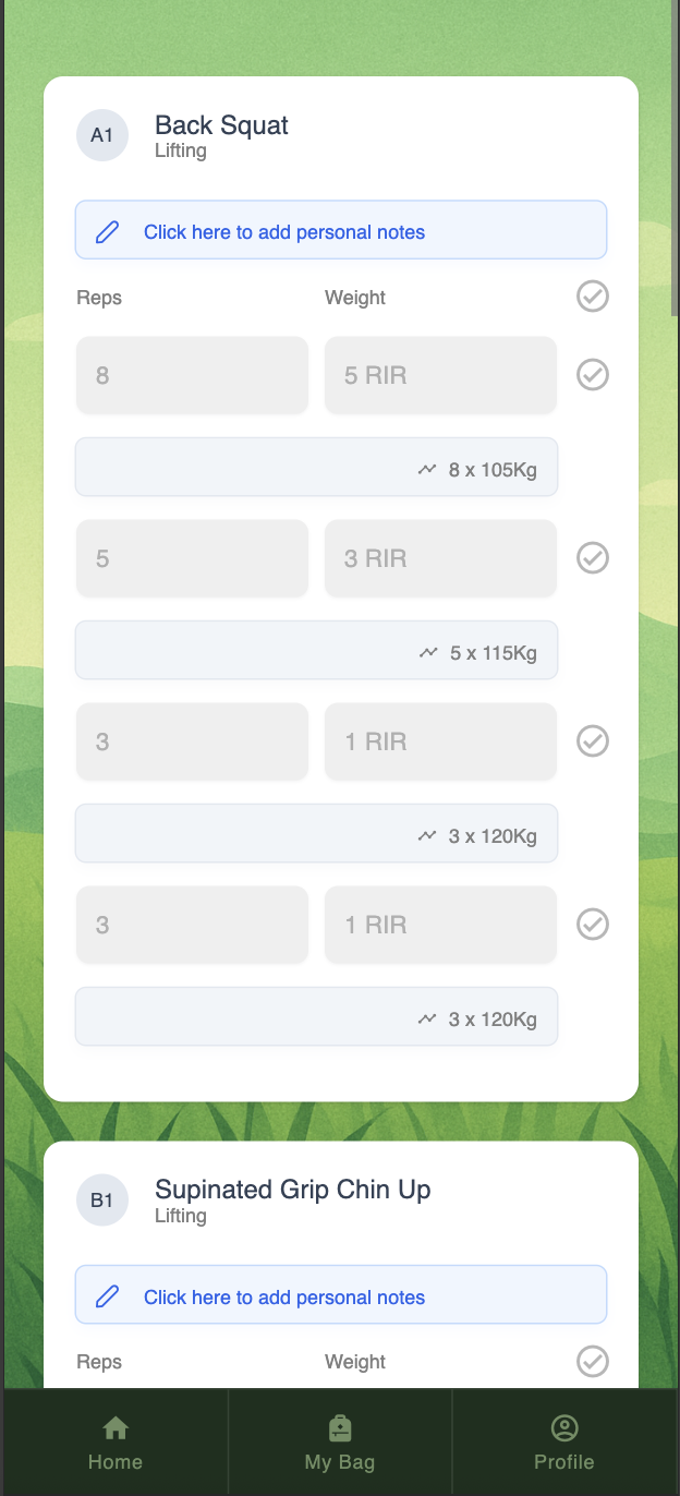 Your training screen in the Flexcel app